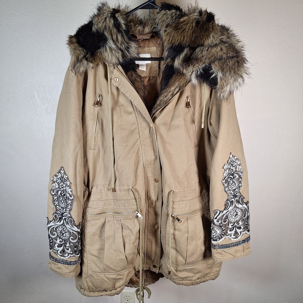 Chicos Y2K Fishtail Fur Hood Baroque Scroll Beaded Tan Parka Heavy Jacket 3